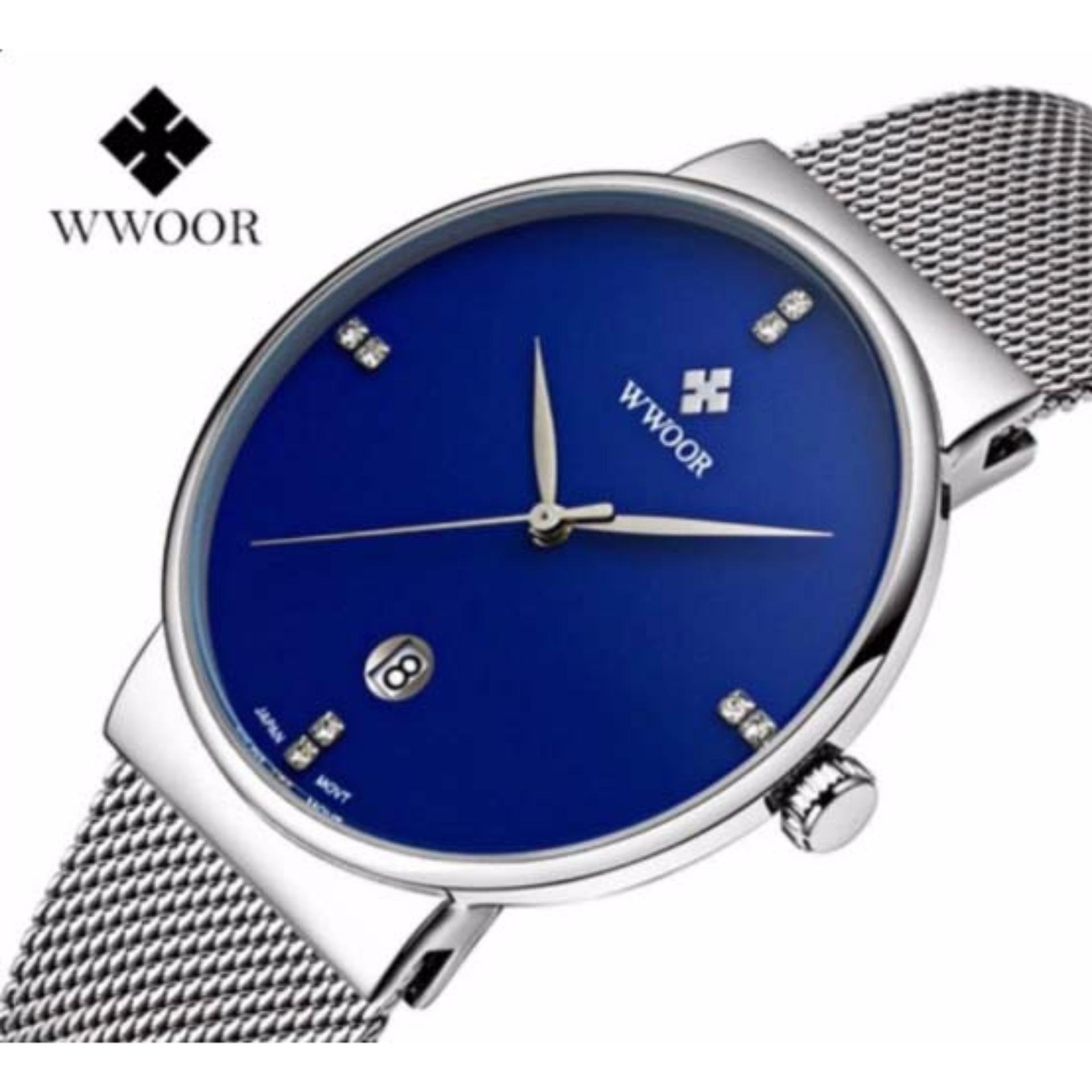 Đồng hồ nam WWOOR 8018 máy mỏng dây lưới (Xanh)