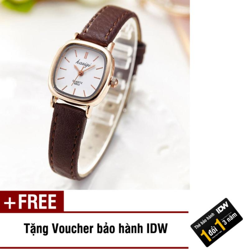 Nơi bán Đồng hồ nữ dây da thời trang Kasiqi IDW 6735 (Dây nâu vỏ vàng mặt trắng) + Tặng kèm voucher bảo hành IDW