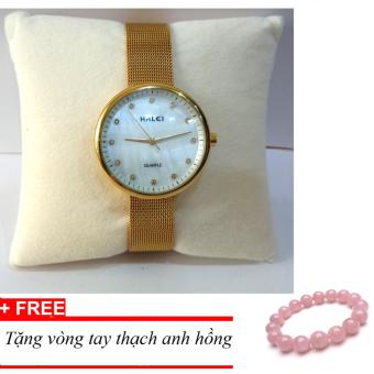 Đồng hồ nữ dây lụa mạ vàng cao cấp Halei TPO-HLT6, tặng vòng tay thạch anh hồng  