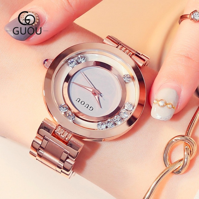 Nơi bán Đồng hồ nữ dây thép đá lăn GUOU size 35mm MDH-Gu018 (trắng) + tặng vòng tay đá đỏ