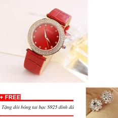 Bảng Giá Đồng hồ nữ GUOU dây da mặt đính đá TPO-Gu169 (đỏ) tặng bông tai bạc đính đá   Thiên Phú Store