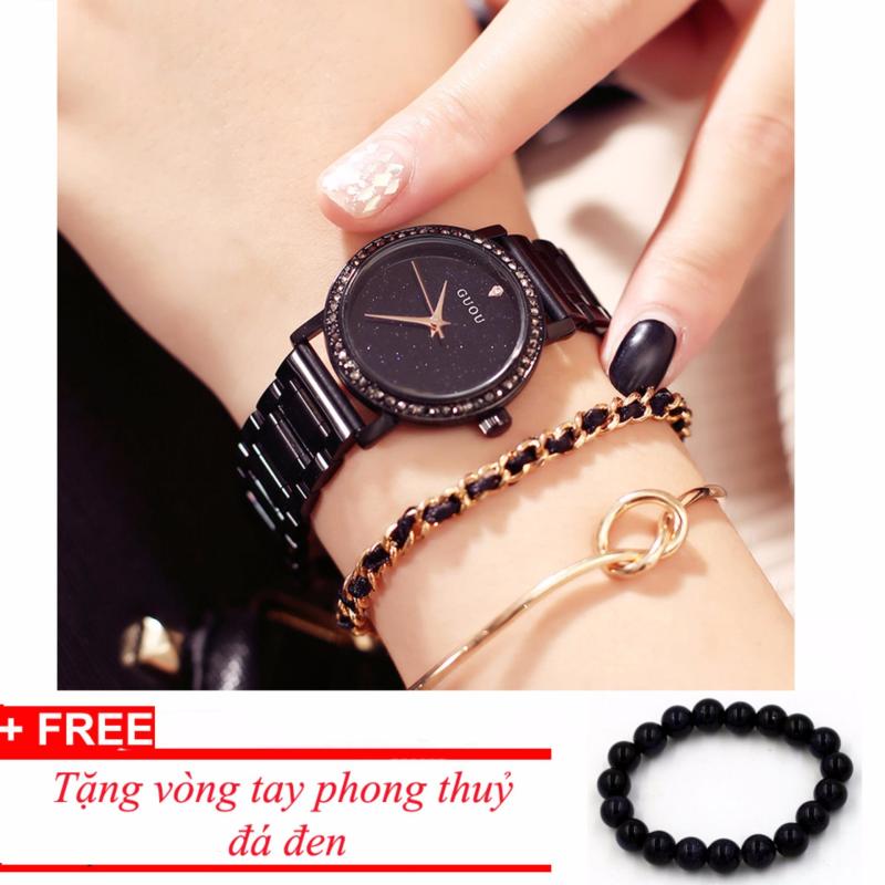 Nơi bán Đồng hồ nữ GUOU full black viền đá sang trọng 2017 MDH-Gu8102, tặng vòng phong thủy đen