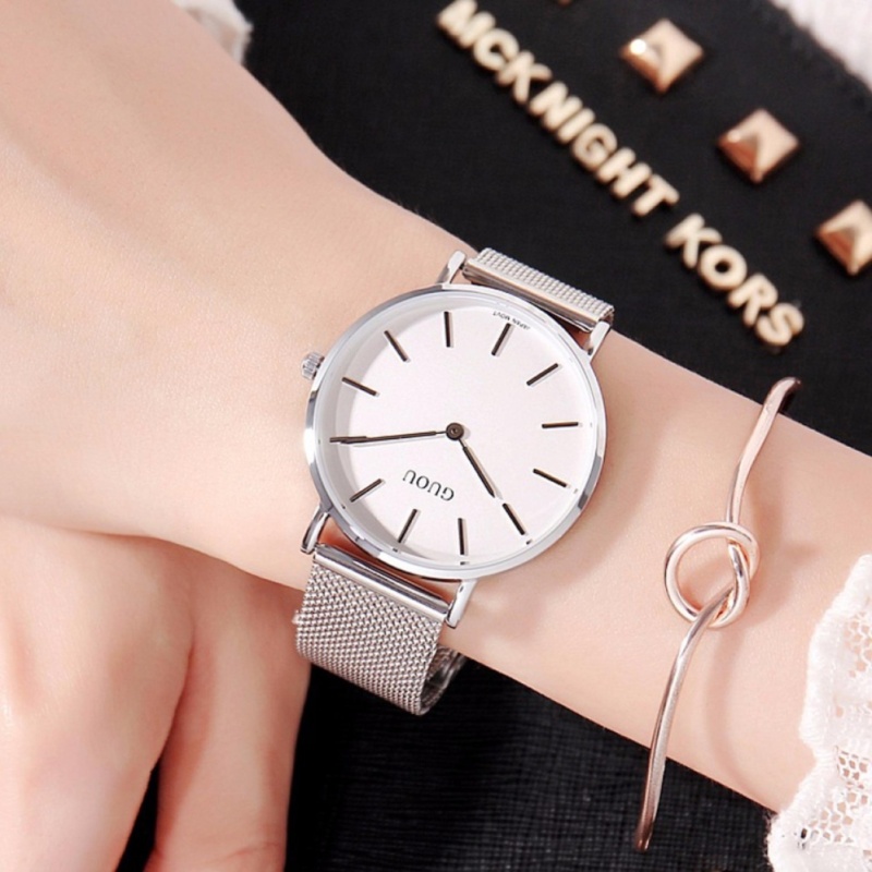 Đồng hồ nữ thương hiệu GUOU mặt 2 kim dây thép lụa bạc thời trang bán chạy