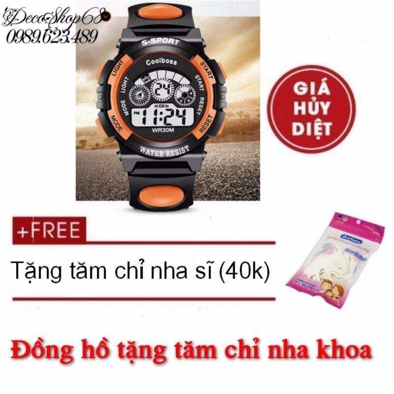 Giá bán Đồng hồ trẻ em Decoshop68 W01-C màu cam đen tặng tăm chỉ nha khoa giá tốt