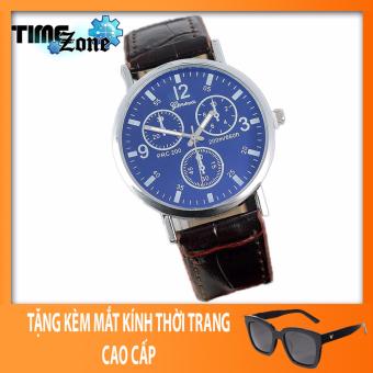 Đồng hồ Unisex dây da cá sấu TimeZone Geneva Golden (Dây Nâu, Mặt Xanh) + Tặng Kèm Mắt Kính Thời...