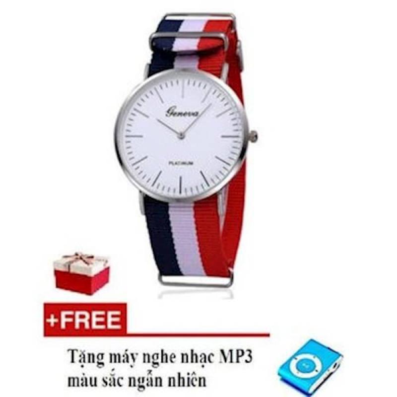 Nơi bán Đồng hồ Unisex dây vải nato (Xanh trắng đỏ) + máy nghe nhạc mp3