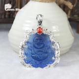 Mặt Dây Chuyền, Mặt Dây Chuyền Phong Thủy Phật Di Lặc Xanh Dương Bọc Rồng Bạc - Thương Hiệu Ganes Silver