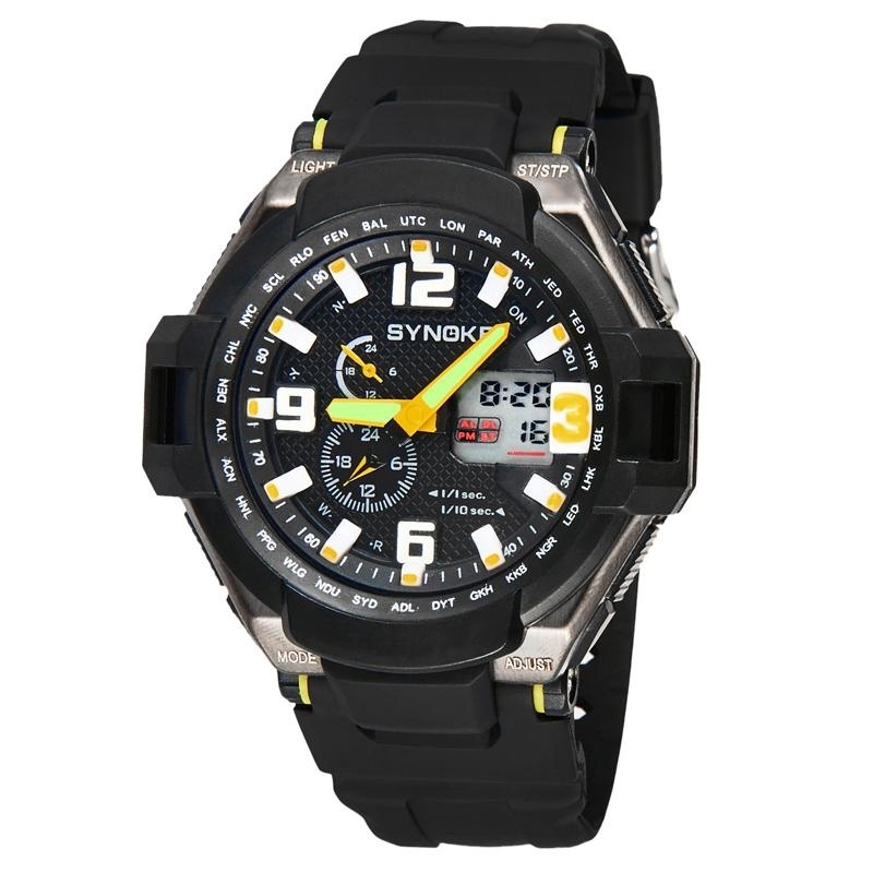 Multi Function Waterproof Double Digital Quartz LED Sports Watch Yellow - intl bán chạy