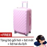 Vali nhựa hoạ tiết kim cương 24 inch (Hồng) + Tặng bộ 1 gối hơi + 1 bịt mắt + 1 bịt tai