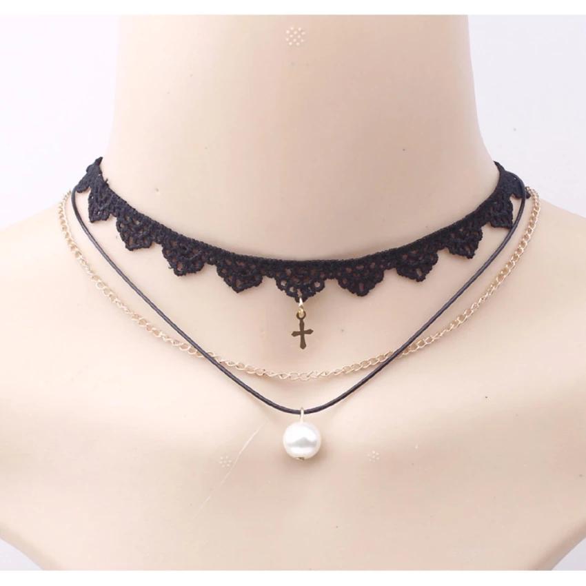 Vòng cổ choker ren đen 3 tầng ngọc trai cao cấp