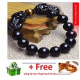 Vòng đá thuỷ tinh núi lửa tỳ hưu đính mắt hổ vàng Phú Cường Phát 12 li - Phong thuỷ giúp đem lại sức khoẻ hạnh phúc