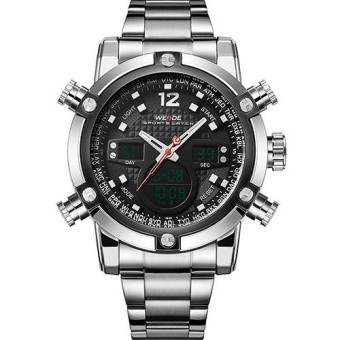 WEIDE 5205 Men's Watches LCD Dial Alarm Steel Strap Sport Quartz Digital Military Men Wristwatch -Black - intl  
