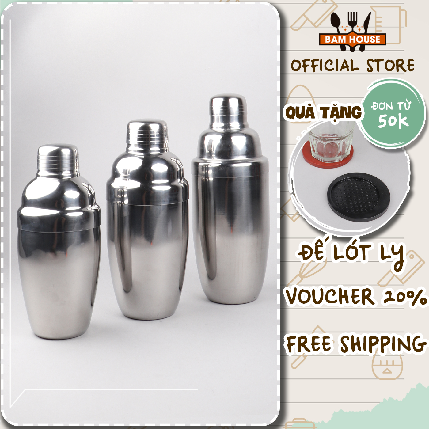 Bình lắc inox Bam House pha chế trà sữa và cocktail nhiều loại dung tích cao cấp BLI01 - Gia dụng bếp