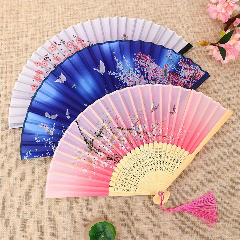 Quạt gấp, Quạt cầm tay cổ trang, quạt cổ trang Trung Quốc Trung Quốc vải lụa in họa tiết, quạt múa văn nghệ-HAUSE