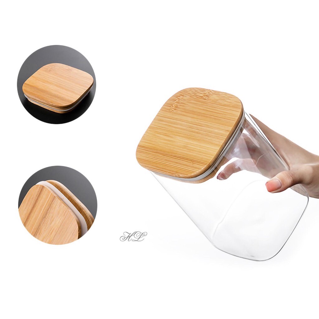 Set 02 hũ thủy tinh vuông nắp gỗ tre kín hơi đựng thực phẩm 550ml