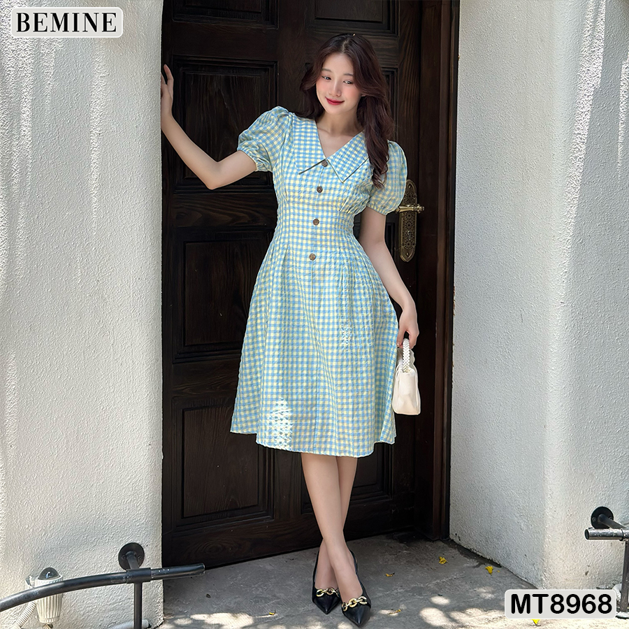 Đầm thiết kế cổ v đính nút tay phồng bemine mt8968