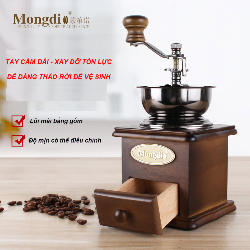 Máy xay hạt cafe bằng tay vỏ gỗ kiểu dáng vintage - lưỡi xay bằng gốm siêu bền - có thể điều chỉnh độ mịn