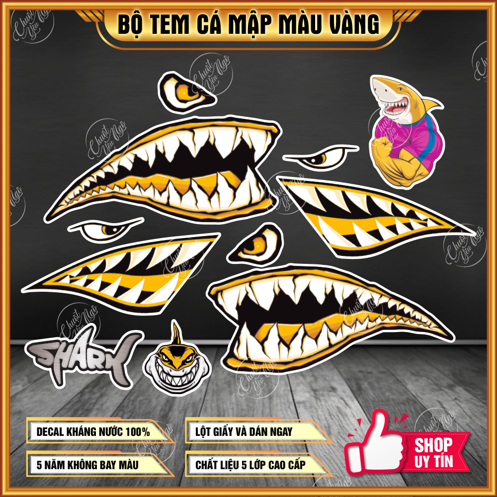 Bộ tem hàm cá mập màu vàng sticker hình dán trang trí xe laptop