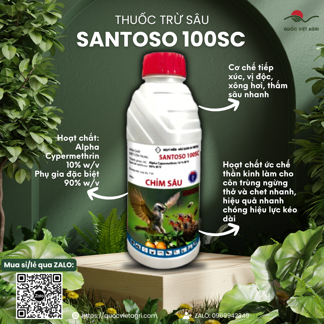  Thuốc trừ sâu SANTOSO 100SC CHIM SÂU  chai 1 LÍT  - Alfa Cypermethrin 100g l Trừ bọ trĩ côn trùng ruồi muỗi kiến gián 