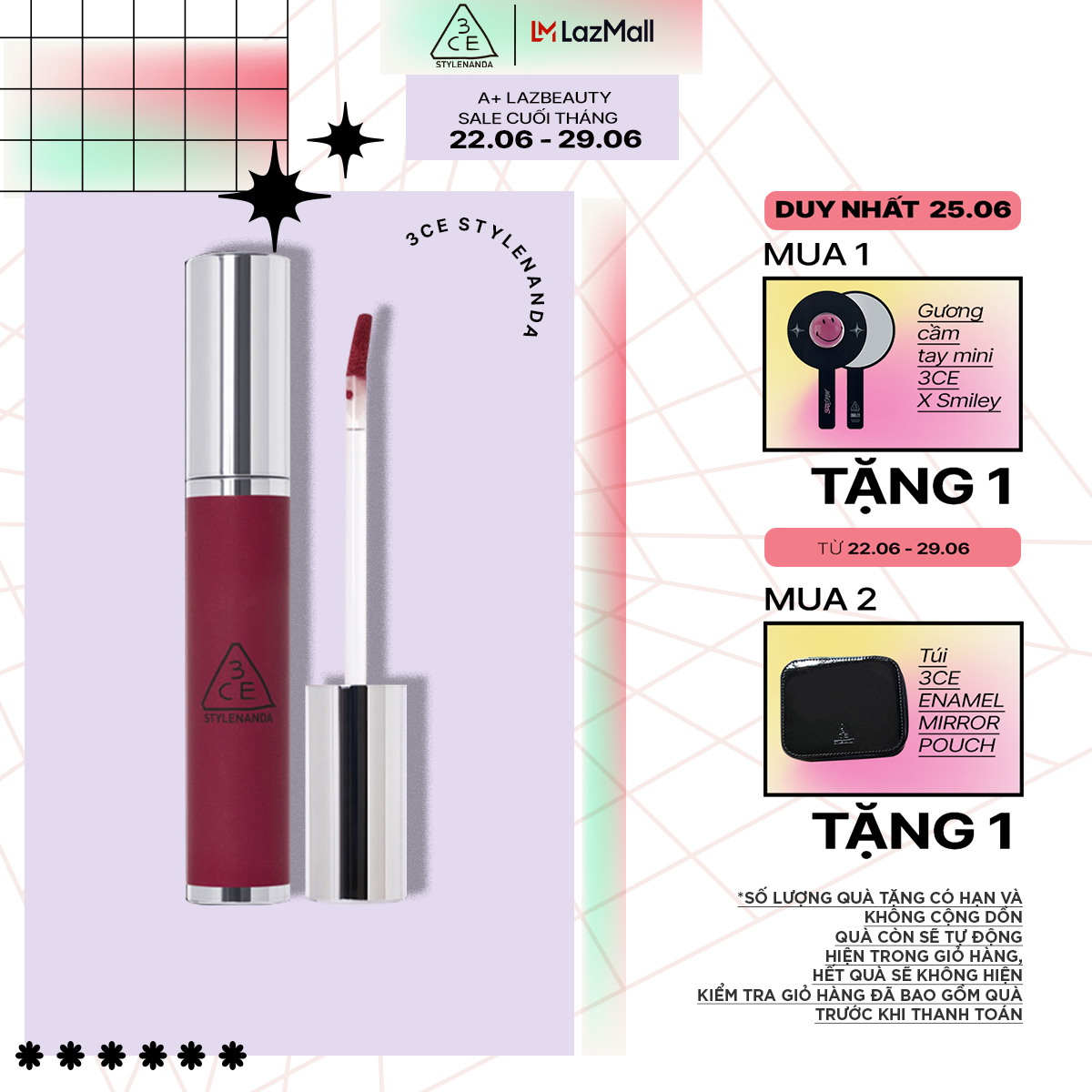 Son Kem 3CE HAZY LIP CLAY 4g Siêu Lì Mịn Môi