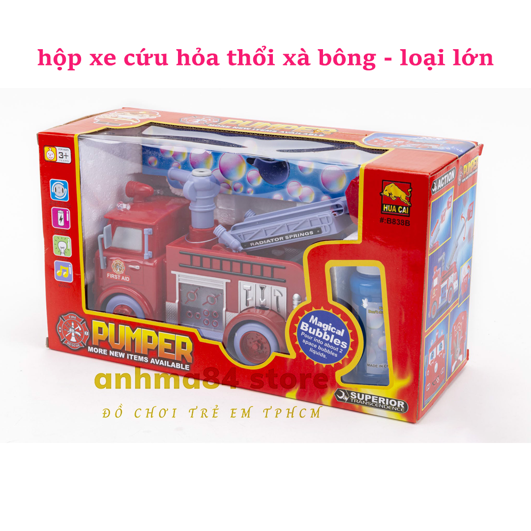 Hộp Xe Cứu Hỏa thổi xà bông - Xe cứu hỏa chạy pin thổi bong bóng vui nhộn - anhma84 store tphcm