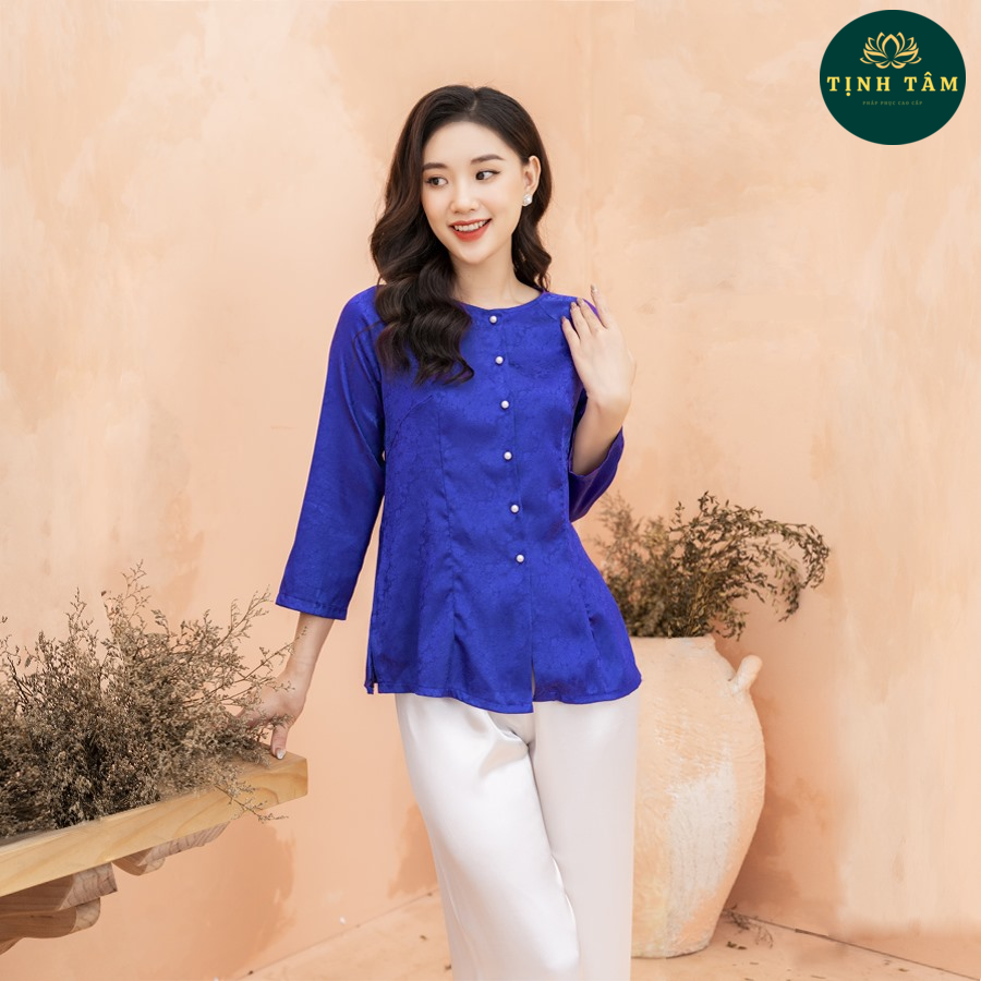 Bộ Bà Ba Xanh Côban Quần Trắng Hoặc Quần Đen Vải Lụa Gấm Cực Đẹp,Mềm Mịn, Mặc Cực Thoải Mái Duyên Dáng, Kín Đáo