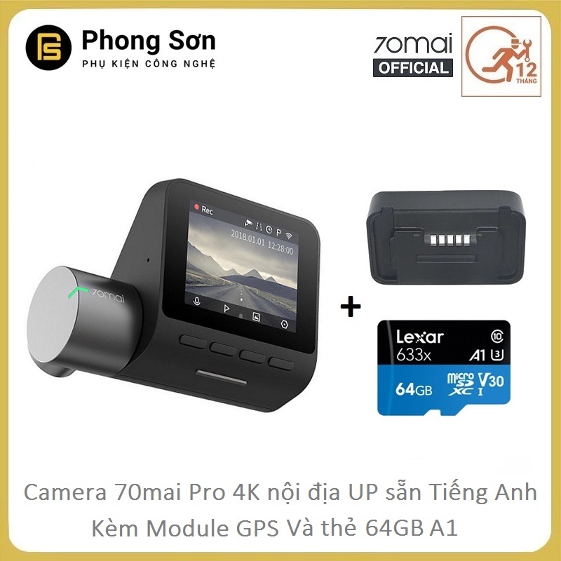 Combo Camera Hành Trình  Xiaomi 70mai Dash Camera Pro ,Kèm Module GPS, Kèm thẻ nhớ 64GB A1 - Bản Nội Địa chuyển sang Tiếng Anh