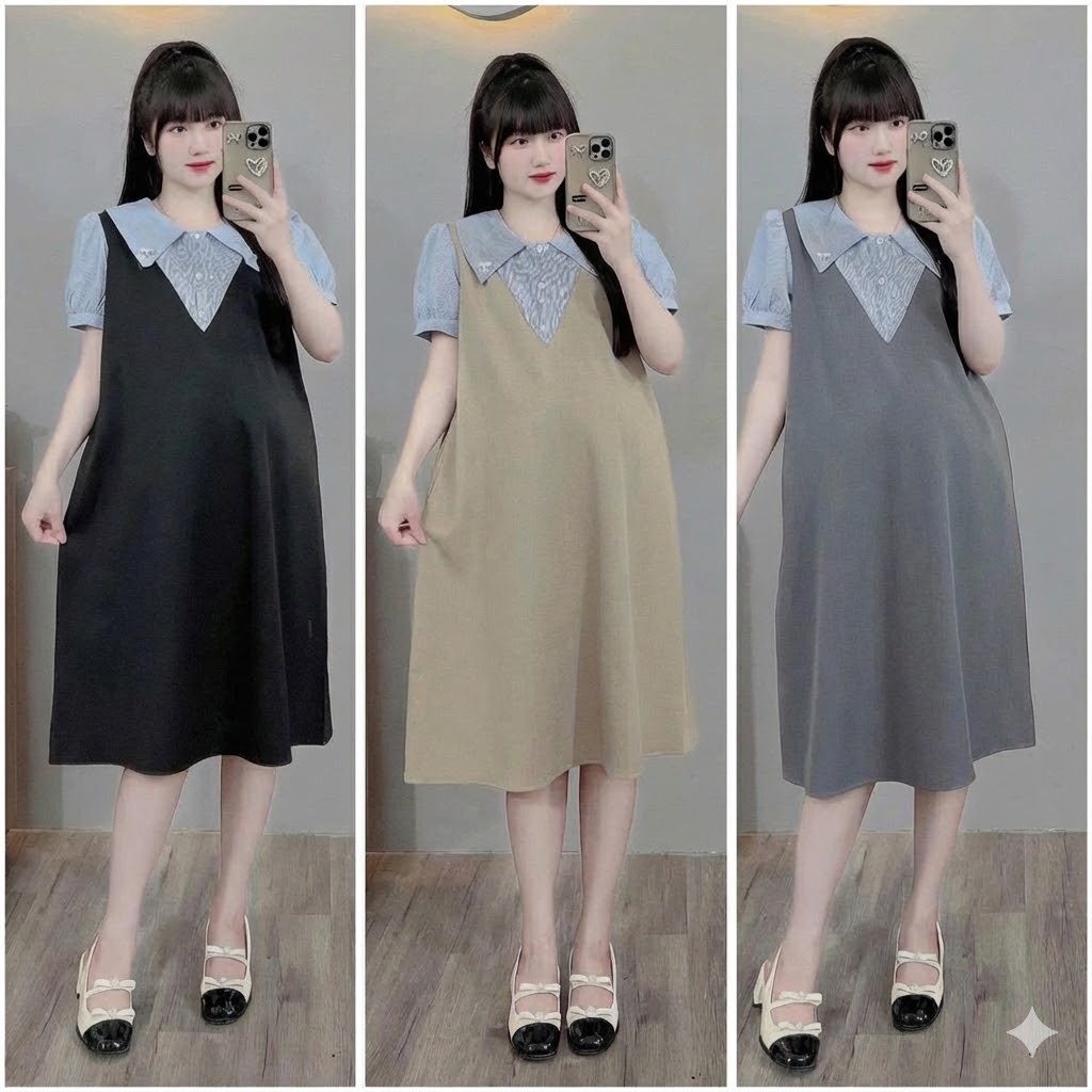 (Size từ 45-100kg) Váy bầu, đầm bầu bigsize giả yếm chất tằm nhăn cực xinh