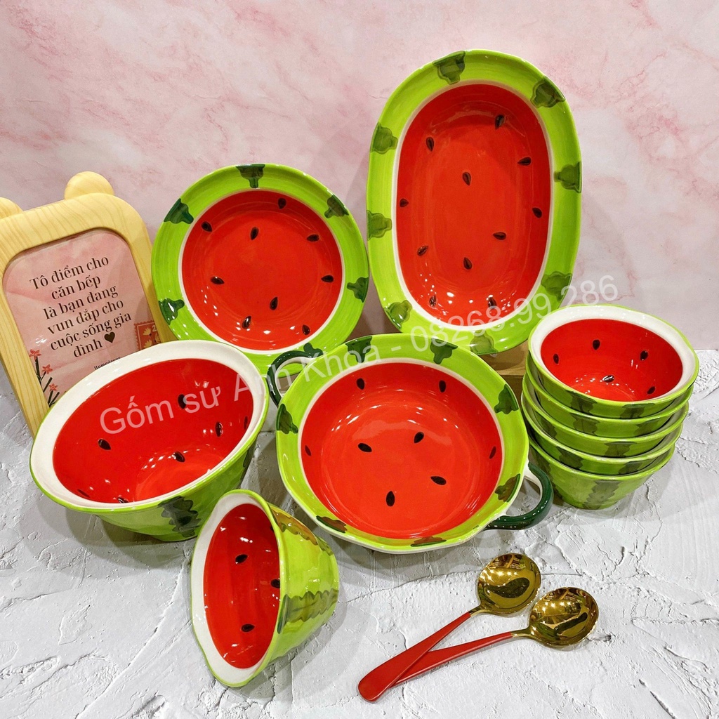 Bát đĩa gốm sứ decor, bát ăn cơm, bát ăn chè, chén dĩa dễ thương bộ bát đĩa dưa hấu cực đẹp gomsudecor21