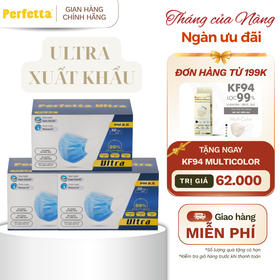 (TẶNG KF94 ĐH 199K) Combo 3 Hộp Khẩu Trang Y Tế 4 Lớp Perfetta Ultra Xuất Khẩu (50 cái/hộp)