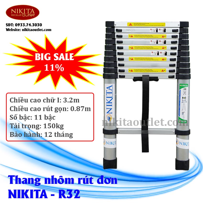Thang nhôm rút NIKITA R32 (3.2m) [ Siêu bền ] Tiêu chuẩn an toàn Châu Âu EN131. Bảo hành chính hãng 2 năm NIKITA OUTLET