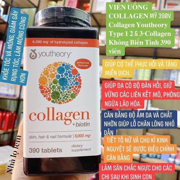 Viên uống Collagen Biotin 6000mg Youtheory 390v Mỹ