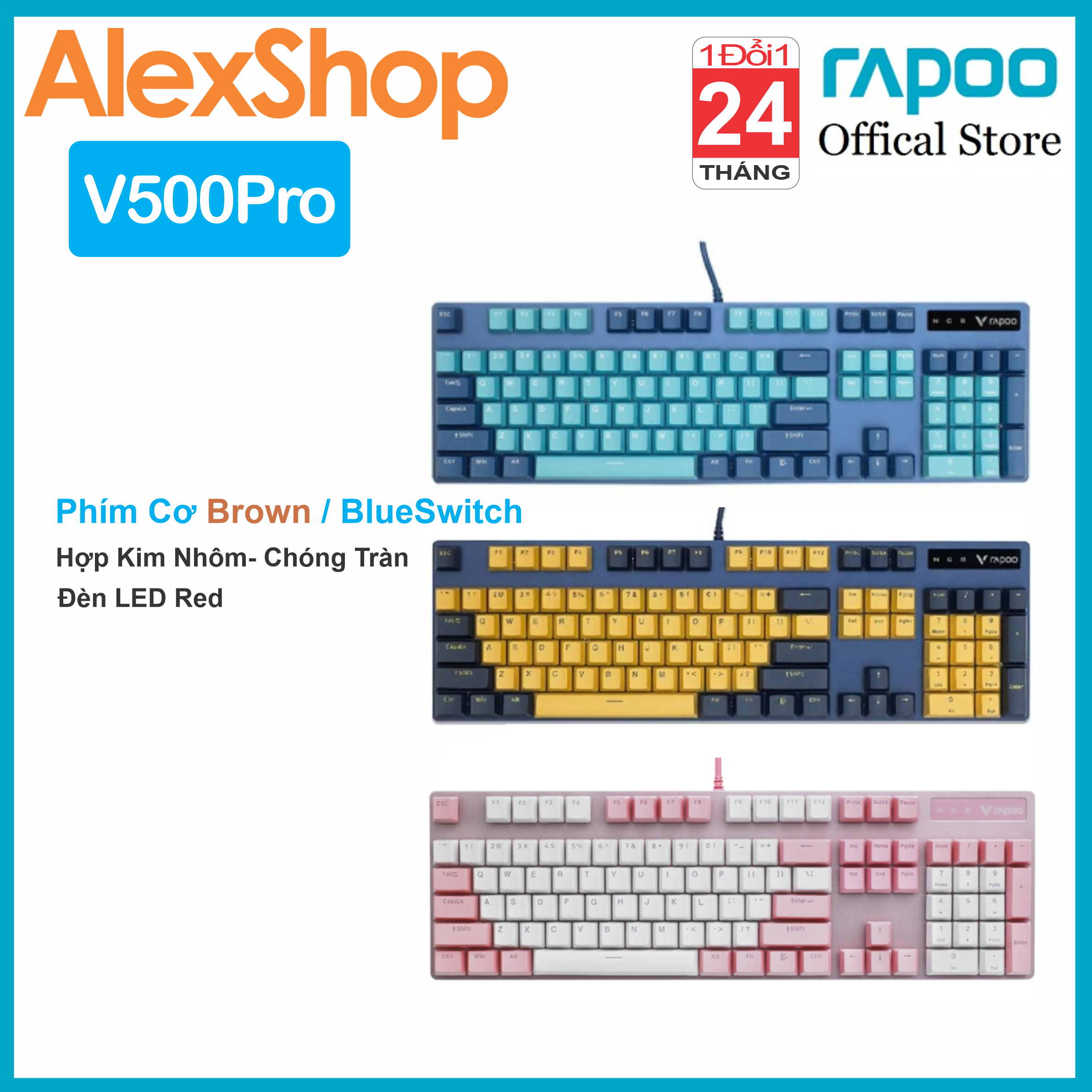 Rapoo v500 pro 3 màu lựa chọn bàn phím cơ gaming brown - blue switch - bh 2 năm 1 đổi 1
