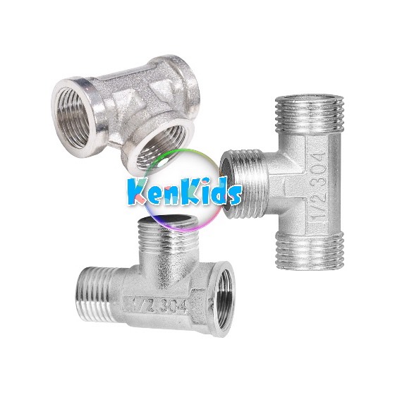 Tê chia nước inox răng ngoài , răng trong 21 , tê cầu nối 3 đầu ren 21