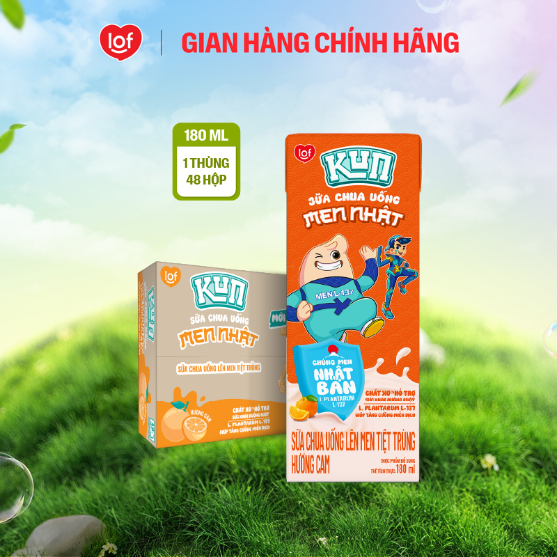 Sữa chua uống KUN vị cam thùng 48 hộp x 180ml (Có thể nhận bao bì cũ/mới)