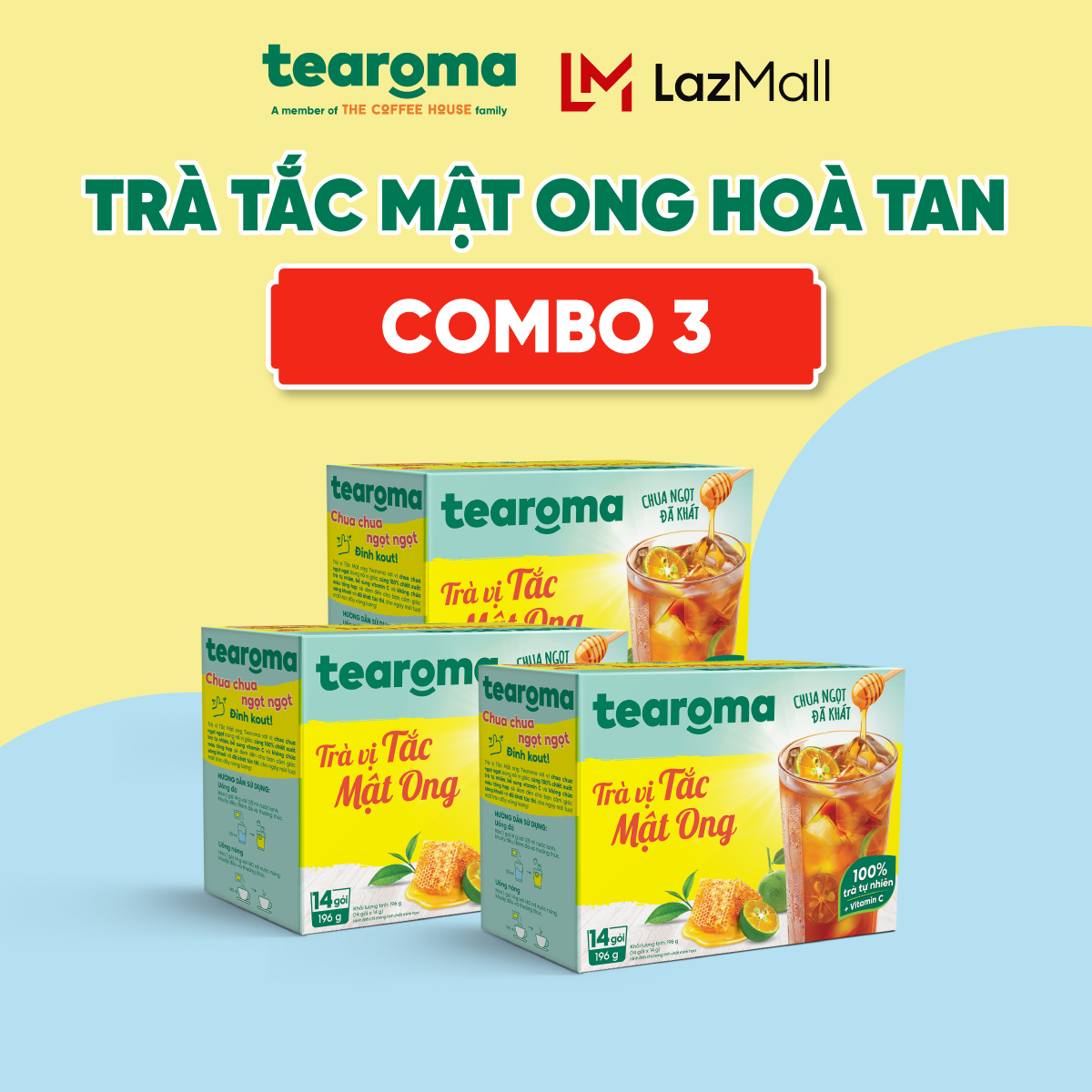 Combo 3 Trà Tearoma hòa tan vị Tắc mật ong hộp 196g (14 gói x 14g)