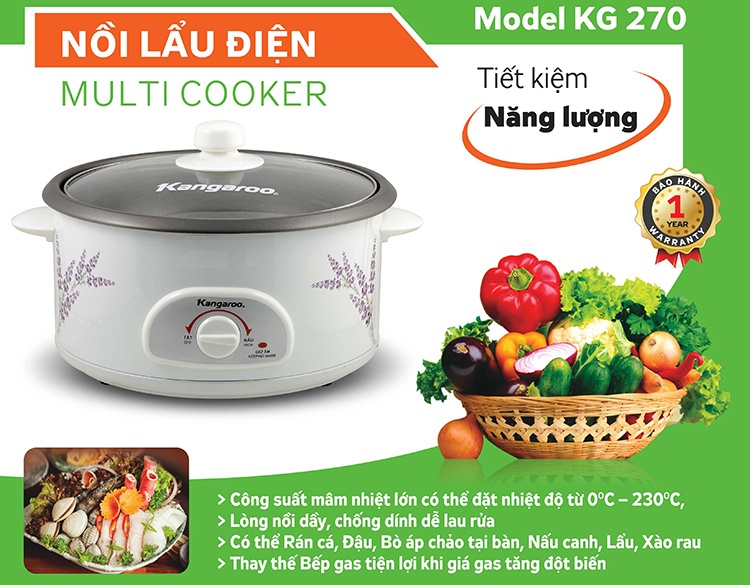 [Kèm nồi - BH toàn quốc] Nồi Lẩu điện Kangaroo KG270 - 3L | Nồi hồng ngoại