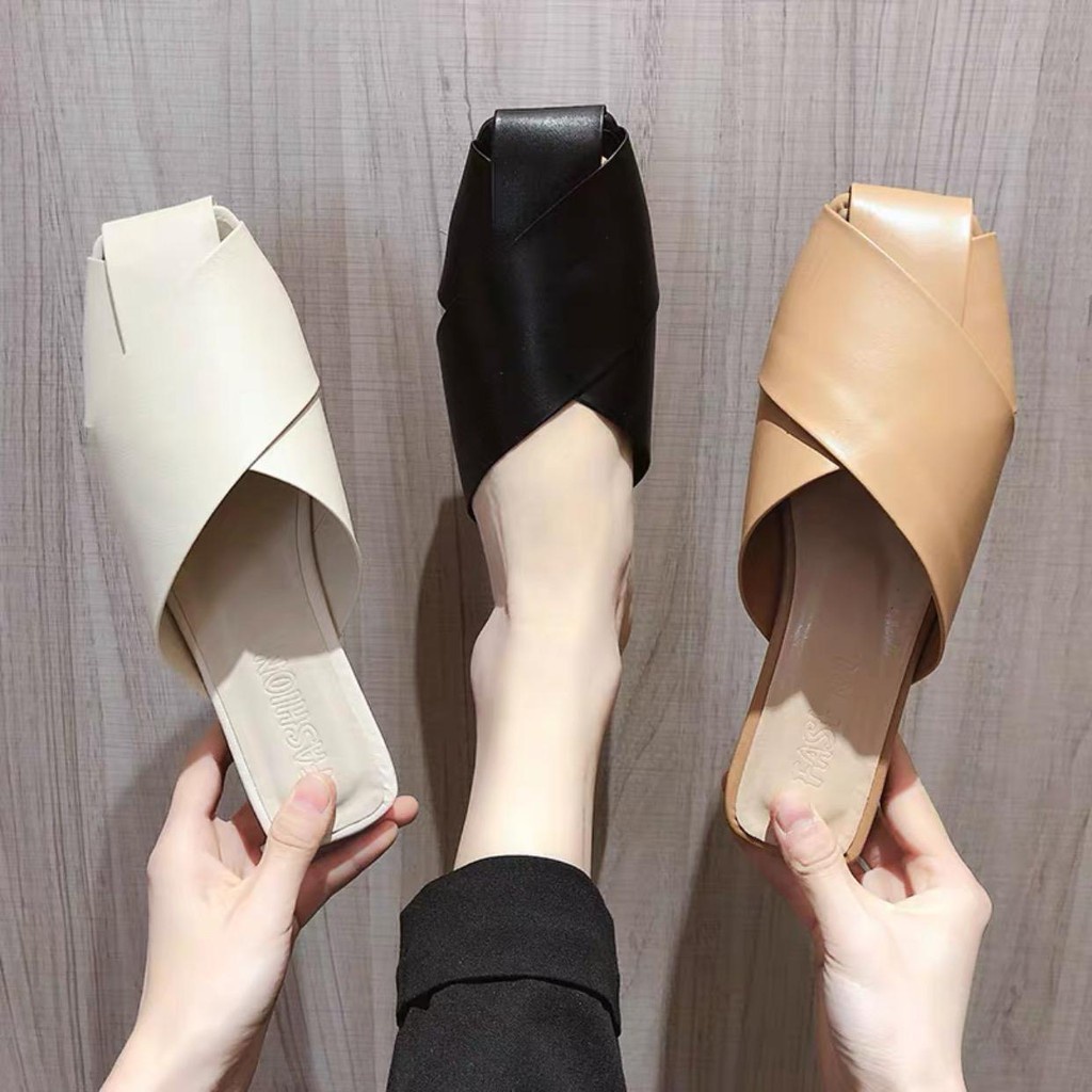 Có sẵn: Giày sục đan dây bản to đế bệt- giày sục mũi vuông