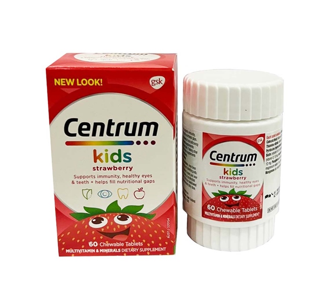 Viên nhai bổ sung đa vitamin Centrum Kids Strawberry Multivitamin & Minerals của Úc hộp 60 viên cung cấp các vitamin và khoáng chất