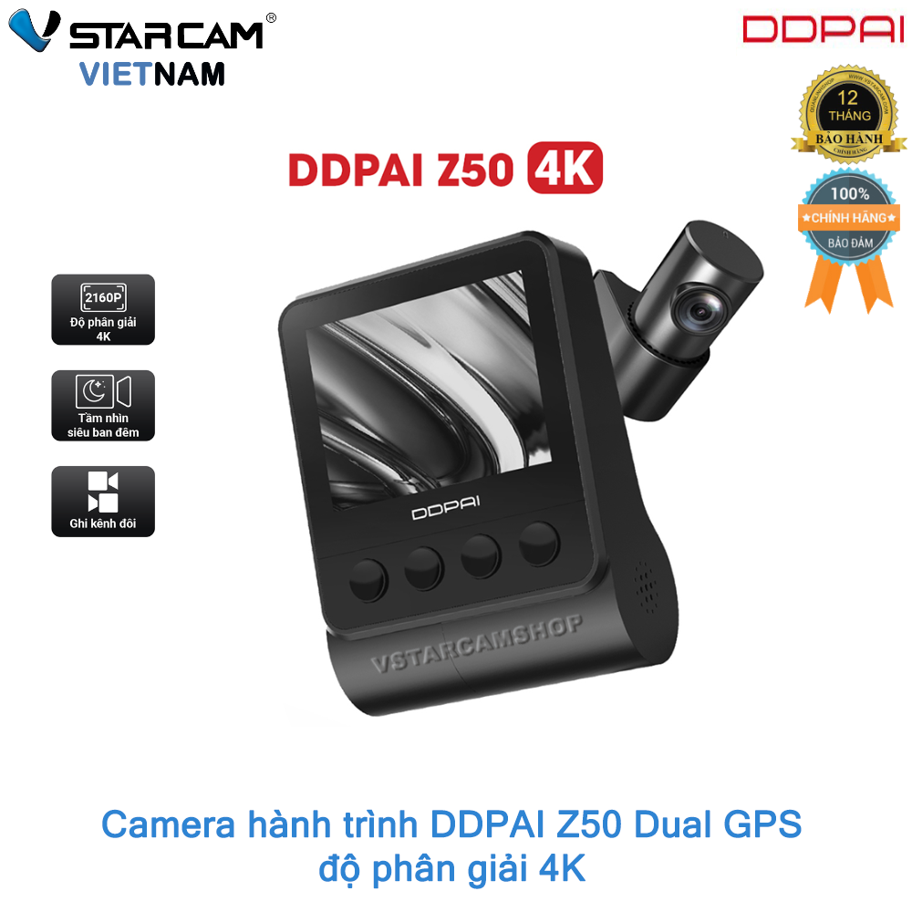 Camera hành trình DDPAI Z50 độ phân giải 4K, tích hợp GPS, kèm cam sau