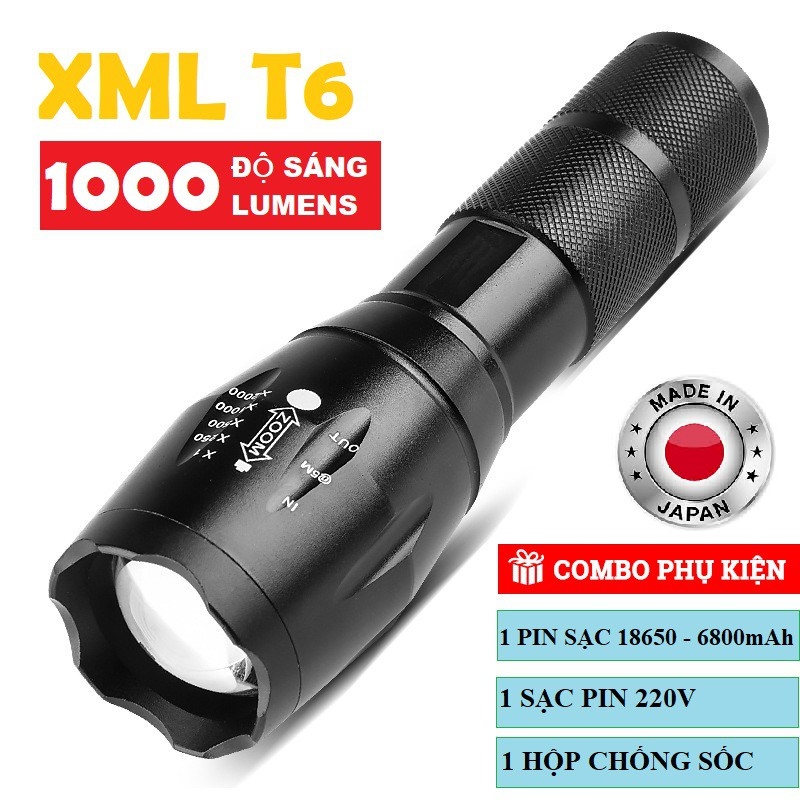 (XML-T6 LOẠI XỊN)ĐÈN PIN SIÊU SÁNG GIÁ RẺ  Đèn Pin Siêu Sáng Cao Cấp T6 Hợp Kim Chống Nước Pin Có Thể Sạc Lại Full Box