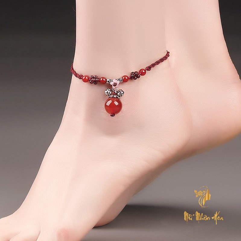 Lc008 lắc chân mã não đỏ đá thạch lựu và bạc 925 phong cách cổ trang