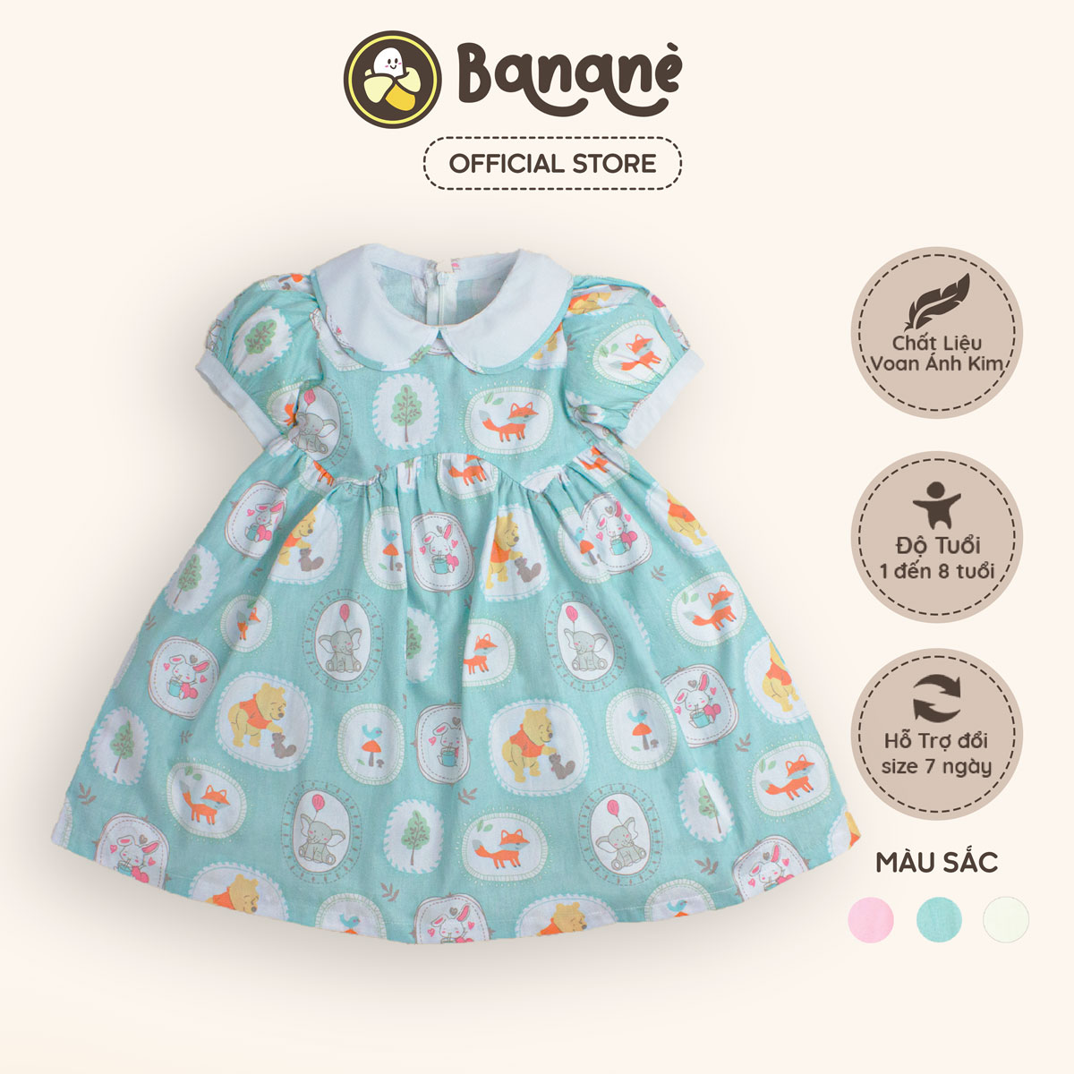 Đầm babydoll cho bé gái Bananè Kids váy cổ rời thêu thỏ vải thô cotton mềm mịn - D12C