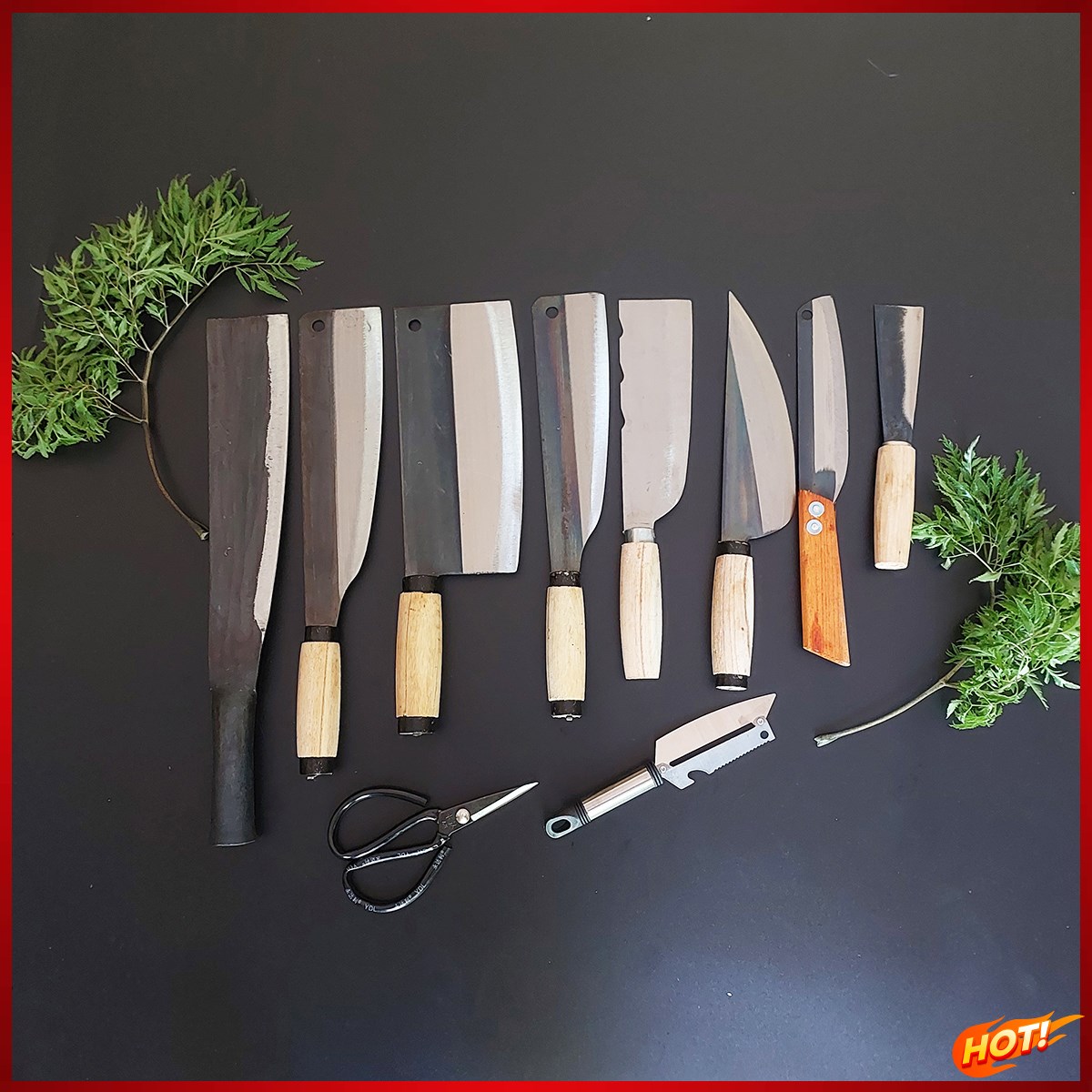 Đủ bộ dao 10 món nhà bếp cao cấp được sản xuất tại hiệp hội làng rèn Tiến Lộc, dao chặt, thái, phở, gọt, cau
