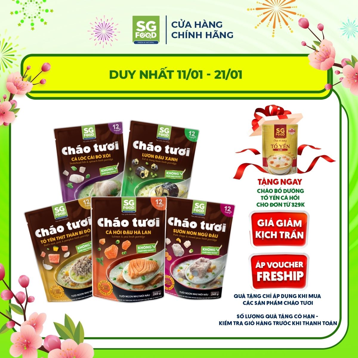 Lốc 5 Cháo Tươi SG Food 240G (Tổ Yến Thịt Thăn, Sườn Non, Lươn, Cá Lóc, Cá Hồi)