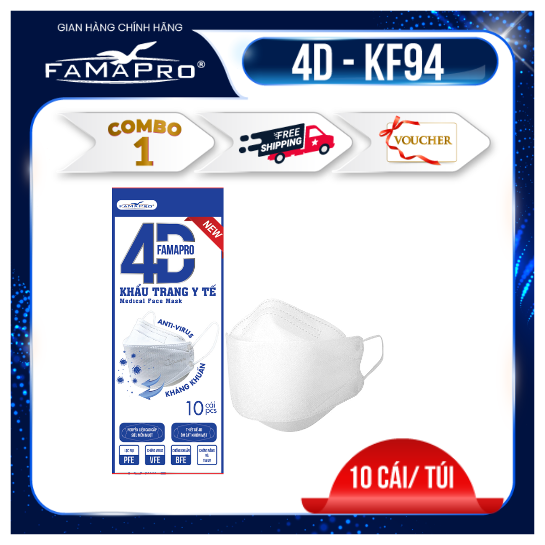 Khẩu trang y tế cao cấp kháng khuẩn 4 lớp Famapro 4D KF94 DẠNG TÚI (10 cái / Túi)