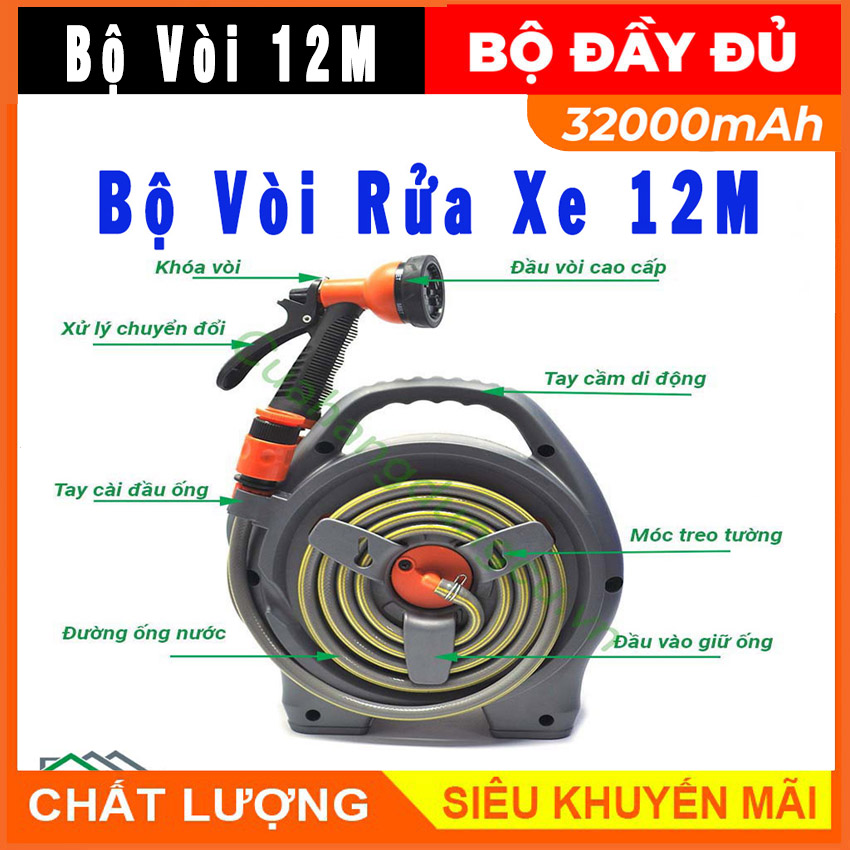 Bộ vòi rửa xe, tưới cây thu cuộn dây ống dài 12m ống nước siêu bền, không gập, không xoắn, chịu áp lực cao – hàng chính hãng
