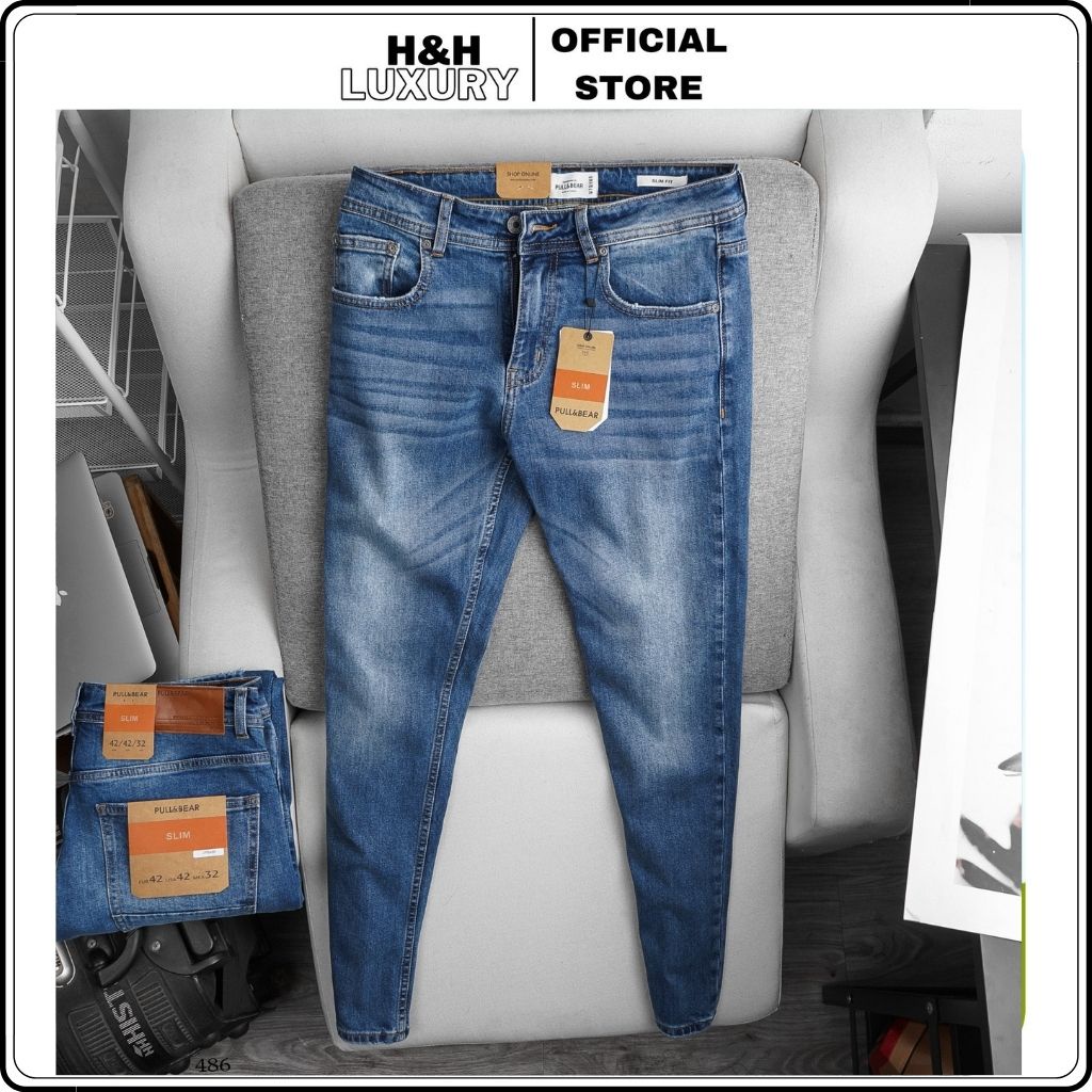 Quần jean nam, quần jean nam slimfit, quần bò nam đẹp Pull & Bear xanh co giãn 4 chiều xuất dư- H&H LUXURY