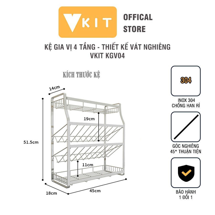 Kệ đựng gia vị 4 tầng inox sus 304 cao cấp chống gỉ vkit kgv04