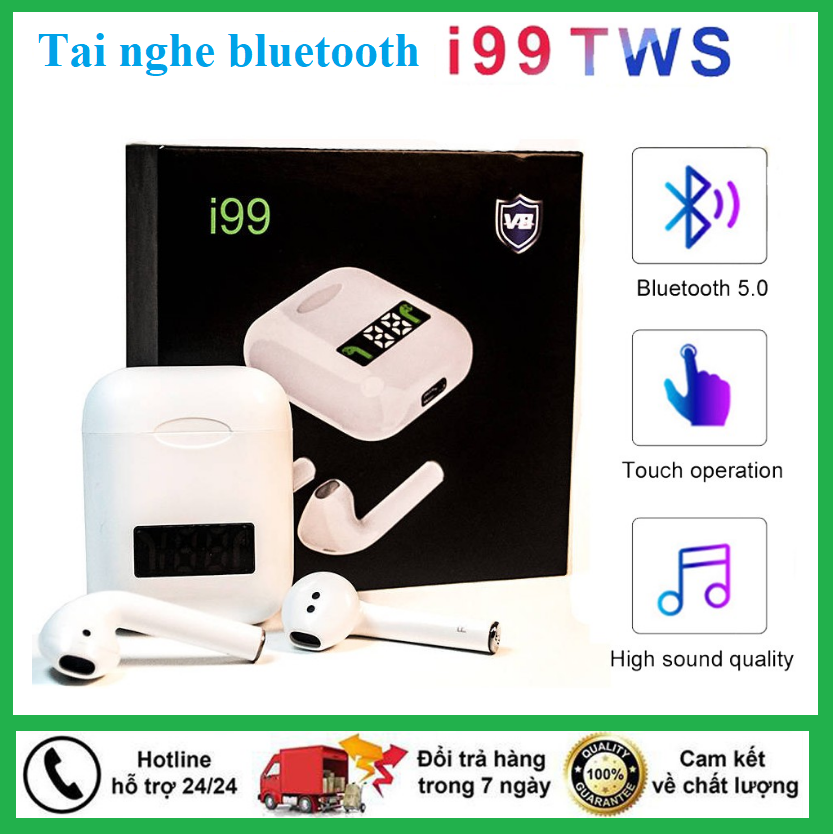 Tai nghe bluetooth I99 hỗ trợ sạc không dây, có đèn led báo hiển thị pin tích hợp mic cảm ứng điểm chạm chống ồn